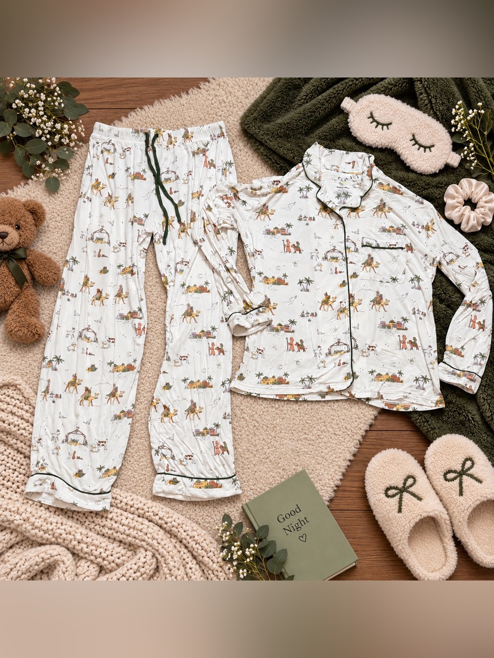 Belleau Bear Women’s Desert Camel Print Pajama Set Button Down Pants Small